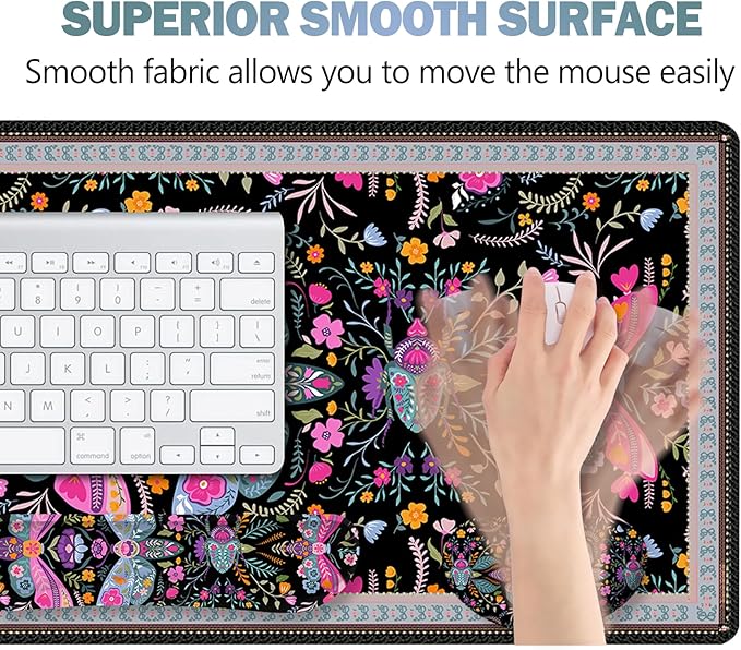 ARTSO Black Desk Mat Set Extended Gaming Mouse Pad with Wrist Rest Support +Keyboard Wrist Rest +Coaster Large Cute Butterfly Mousepad Colorful Butterfly