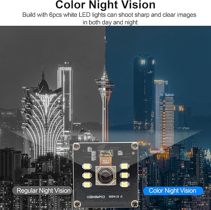 MMlove 48MP USB Camera Module 4K 30FPS Color Night Vision High Speed Autofocus Webcam Lightburn Camera 70° Viewing Angle Industrial Security Webcam for Face Recognition StreamingPC/Laptop