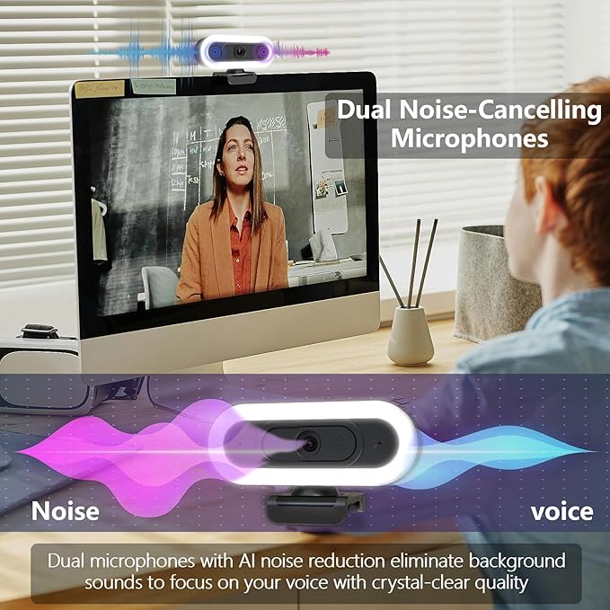2K Webcam for PCStreaming Computer Camera with Fill RGB LightsAutofocus Webcam with Microphone and CoverPlug-Play USB Web cam for Desktop ComputerMeetingGamingVideo Calling