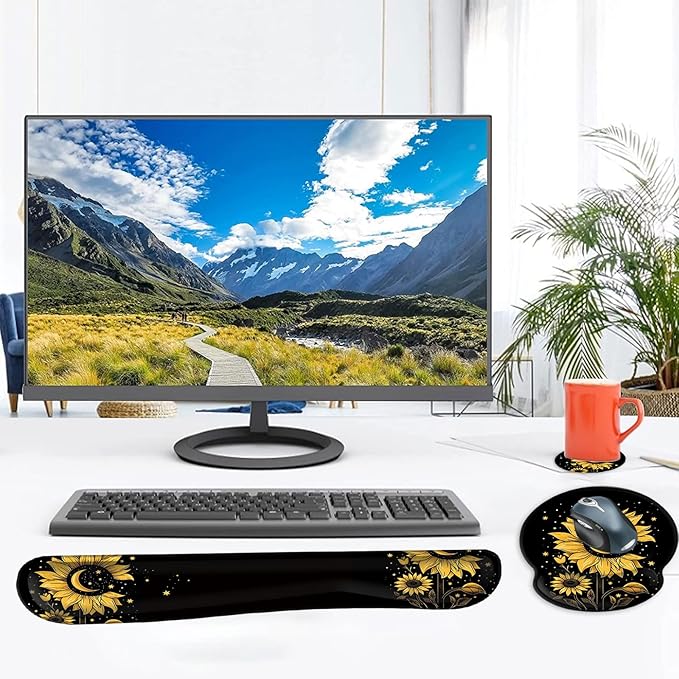 Mouse Pad Wrist Support and Keyboard Wrist Rest Pad with CoasterNon-Slip Rubber Base Ergonomic Gaming Mousepad for Home Office Working Studying Easy Typing &amp Pain ReliefSunflower Moon Star