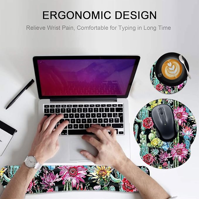 Keyboard Wrist Rest and Mouse Pad Wrist Support Set with CoastersNon-Slip PU Base Ergonomic Gaming Mousepad for Home Office Working Studying Easy Typing &amp Pain ReliefCactus