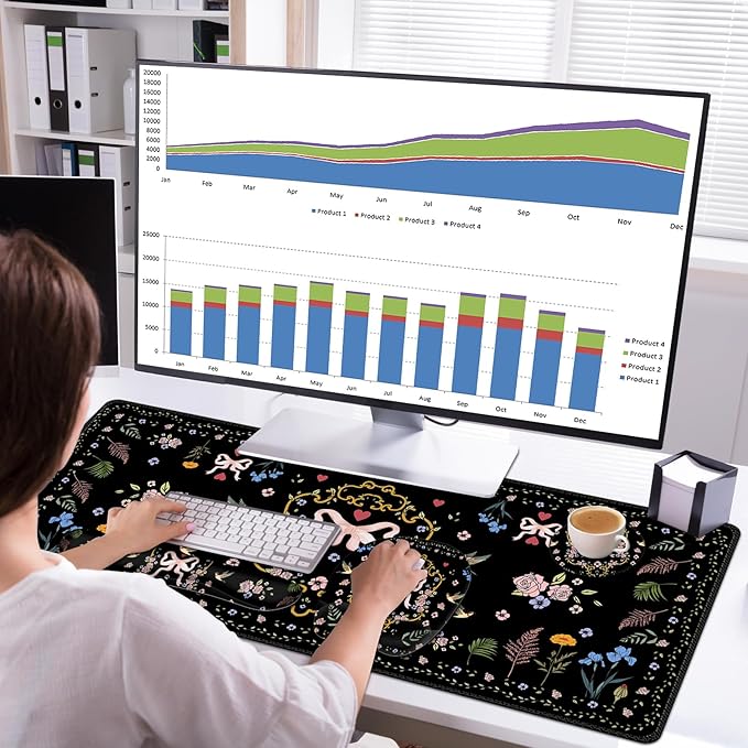Mouse Pad with Wrist Support 4 in1 Set XXL Big Game Mousepad + Keyboard Wrist Rest + Mouse Wrist Rest Pad +Coaster Gaming Mat for Home Office Work Computer Laptop I Vintage Floral Romantic Bow