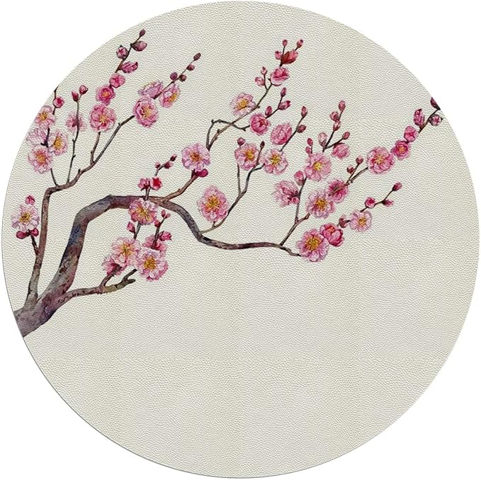 Pink PU Leather Office Chair Mat Hardwood Floor Computer Desk Mat Exotic Cherry Blossom Tree Season Florets Anti-Slip Gaming Chair Mat Round Floor Mat Durable Floor Protector Floral Diameter 39.4 in