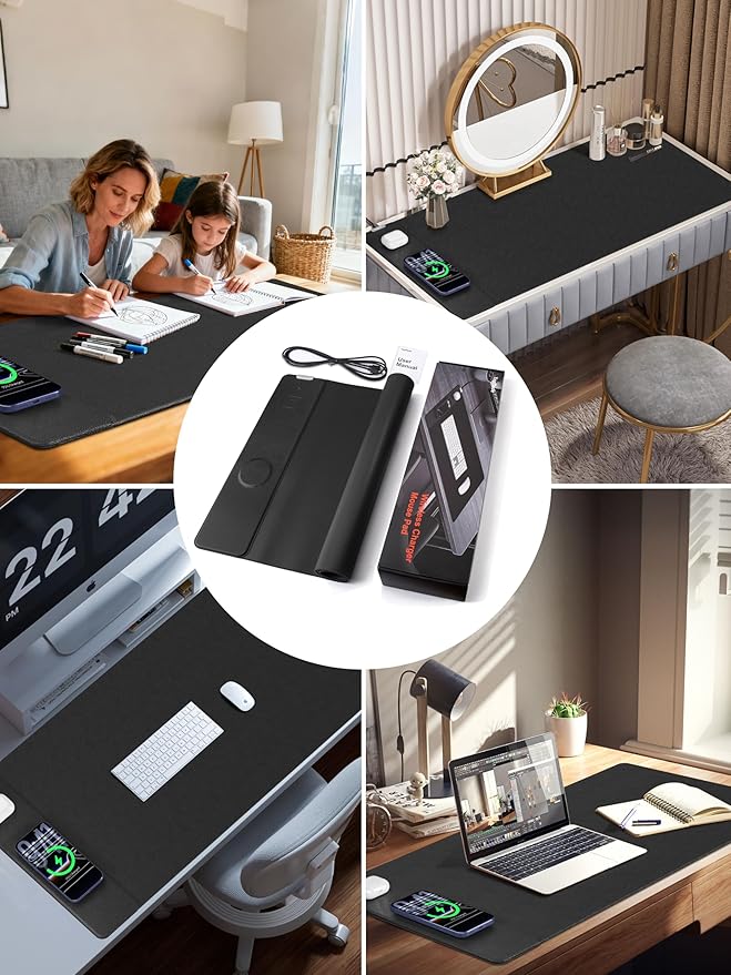 TopMade Mouse Pad with 15W Wireless Charging XXL Large Leather Desk Mat Waterproof Gaming Mousepad Home Office Desk Pad Protector Computer Keyboard Pad Mouse Mat for MacBook PC Laptop Black