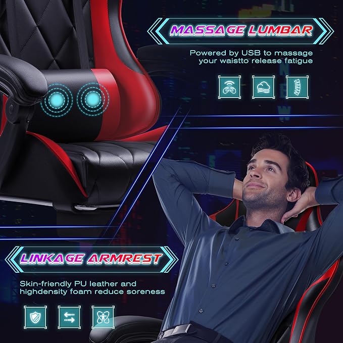 Shahoo Gaming Chair with Footrest and Massage Lumbar Support Computer Game Chairs Ergonomic Office Seat Height Adjustable with Headrest Red