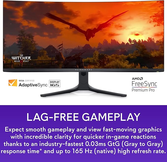 Alienware AW3423DWF Curved QD-OLED Gaming Monitor - 34-inch Quantum Dot OLED 0.1Ms 165Hz 21:9 Curved Display 99.3% DCI-P3 Color Gamut VESA DisplayHDR True Black 400 AMD FreeSync Premium Pro - Black
