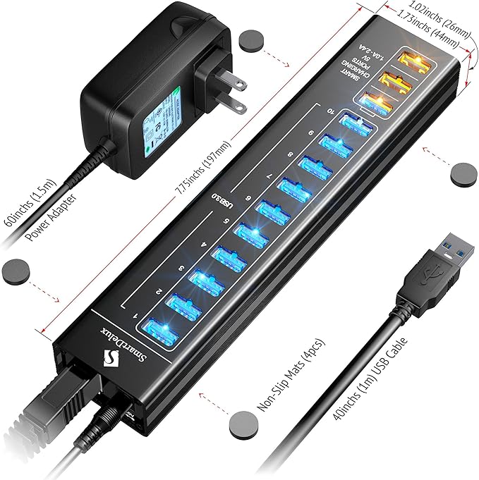 SmartDelux Powered USB Hub - 13-Port USB 3.0 Hub with 10 USB 3.0 Ports 3 Smart Charging Ports Power Adapter Long Cord LEDs - Black Aluminum