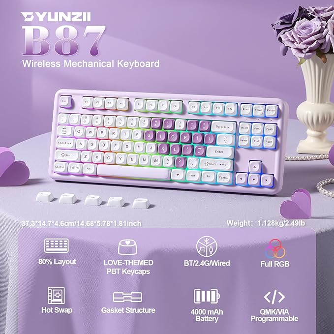 YUNZII B87 Wireless Mechanical KeyboardQMK/VIA ProgrammableTKL Layout 87 KeysBT/2.4G/USB-CHot Swap Gasket Mount RGB Backlit Gaming with Wrist Rest for Win/Mac (Purple Heart Milk V2)