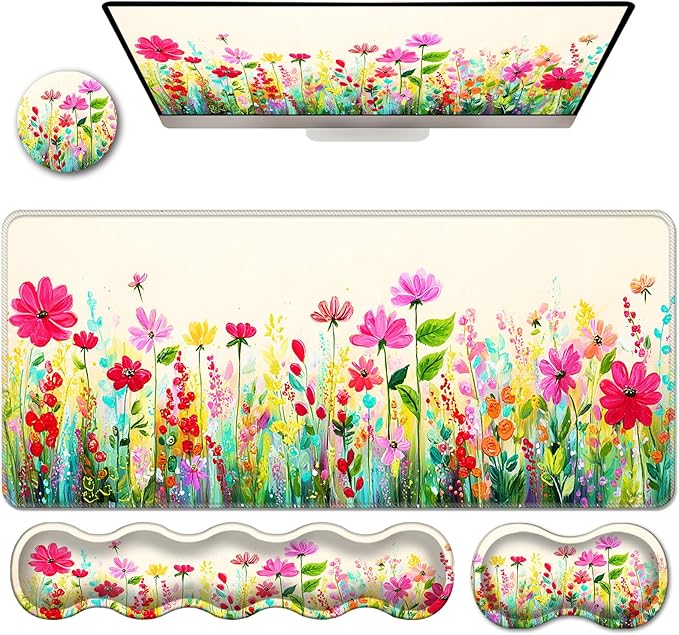 Ergonomic Keyboard Wrist Rest &amp Mouse Pad Wrist Rest SetXL Gaming Desk Mat 31.5x 11.8Non-Slip BaseMemory FoamEasy Typing Pain Relief for Office &amp HomeColorful Floral Field