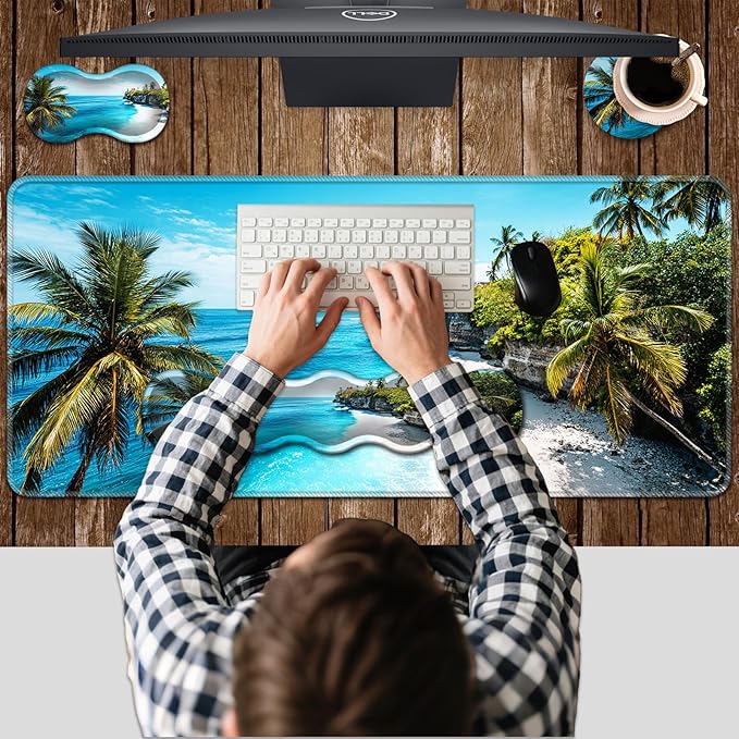 Ergonomic Keyboard Wrist Rest &amp Mouse Pad Wrist Rest SetXL Gaming Desk Mat 31.5x 11.8Non-Slip BaseMemory FoamEasy Typing Pain Relief for Office &amp HomeTropical Beach Palm Trees