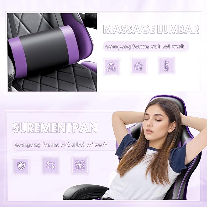 Shahoo Gaming Chair with Footrest and Massage Lumbar Support Ergonomic Office Computer Seat Height Adjustable with Headrest Purple