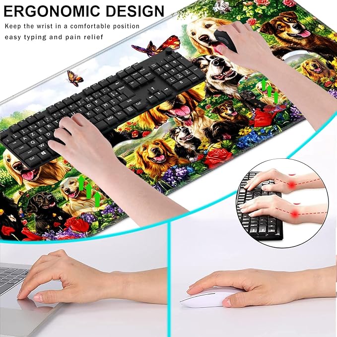 Keyboard Wrist Rest and Mouse Pad with Wrist Support Set Ergonomic CoasterMemory FoamEasy Typing Pain ReliefLarge XL Desk Mat 31.5x 11.8Dog with Butterflies and Flowers