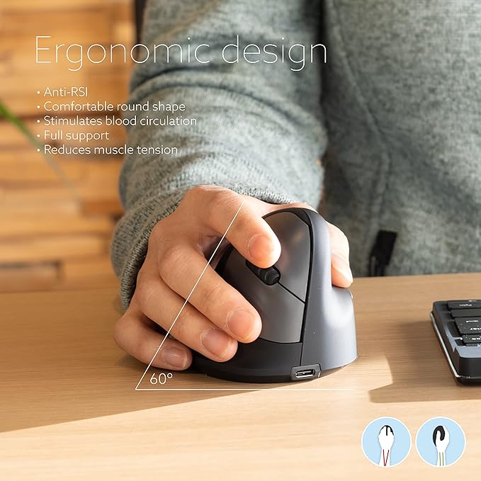 R-Go HE Ergonomic Mouse Bluetooth 5.0 Silent Click Vertical design With Break Software Prevents Tennis Elbow/RSI Arm Rechargeable For Windows/Mac 5 Buttons Black