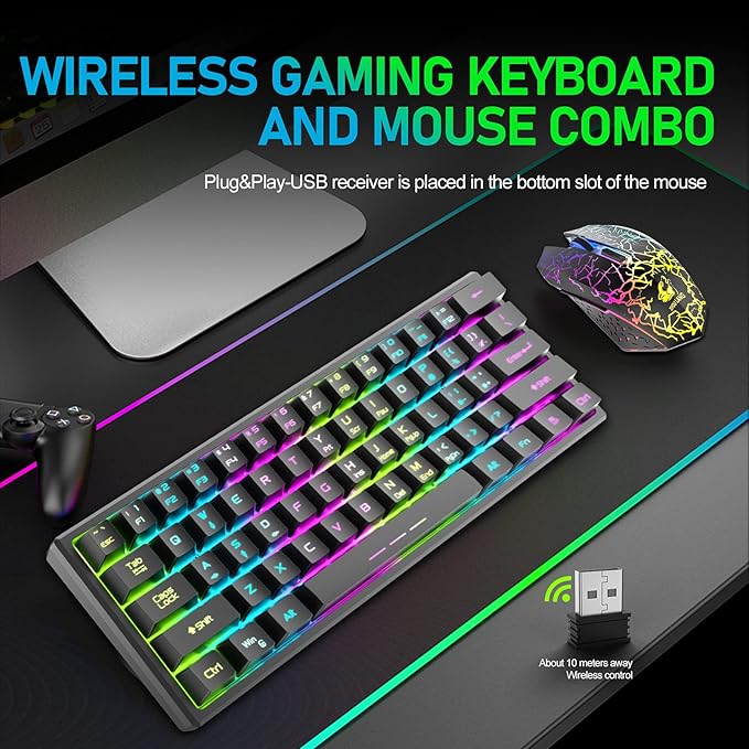 ZIYOU LANG T61 Wireless Gaming Keyboard and Mouse Combo with Ergonomic 61 Key Rainbow LED Backlight Anti-ghosting Mechanical Feel Rechargeable 4000mAh Battery Mouse Pad for PC MAC Gamer Typists(Black)