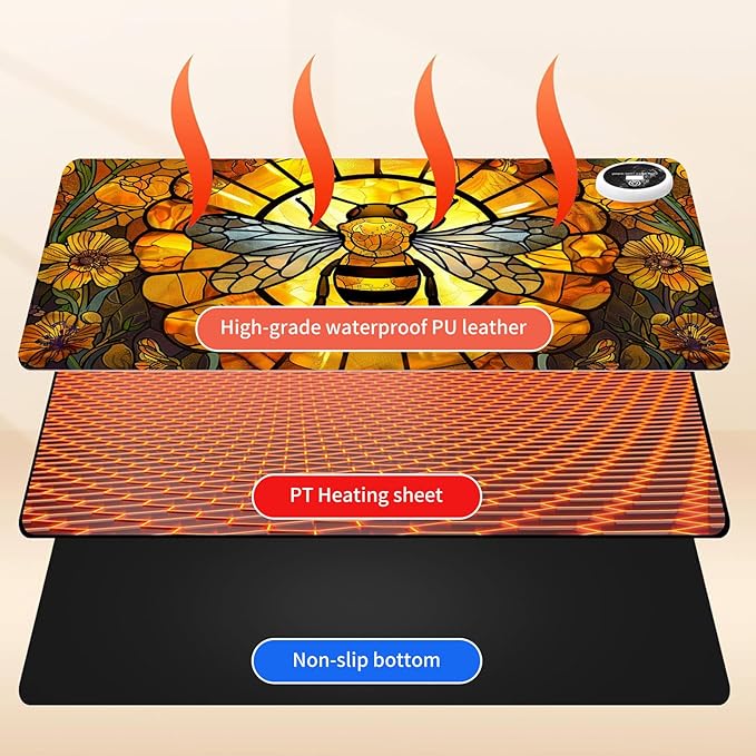 Warm Desk PadHeated Desk Pad Mouse Mat Gamingwith 3 Heating Levels &amp 3 Hours Auto Shut-OffLeather 31.5 x 13 Foot Warmer Keyboard Office MatCute Bee Floral