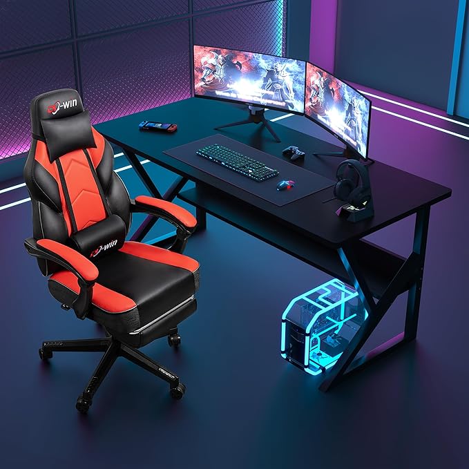 Gaming Chair Office Chair with Footrest and Lumbar Support Height Adjustable Game Chair with 360°-Swivel Seat and Headrest and for Office or Gaming (Deep Red)