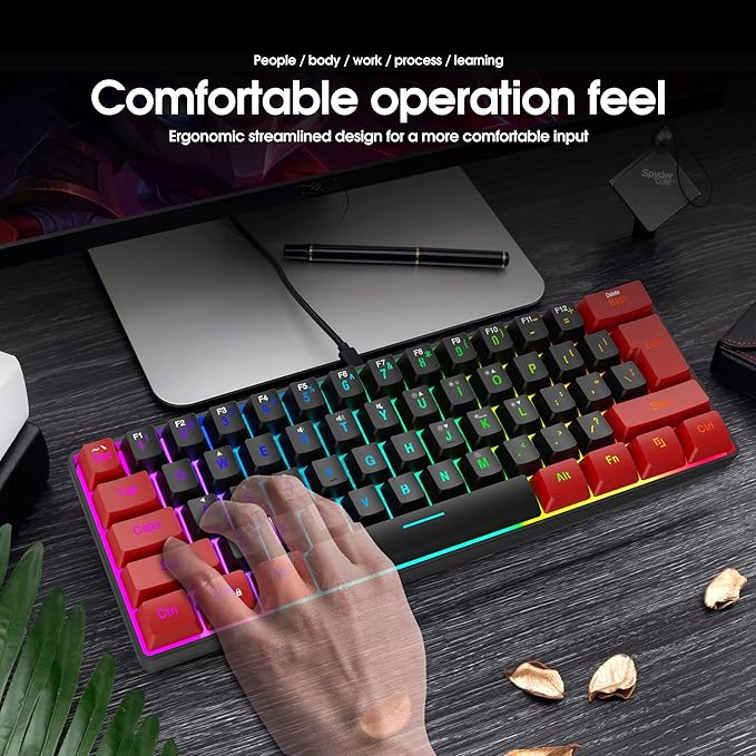 Snpurdiri 60% Wired Gaming Keyboard Ultra-Compact RGB Backlit Small Gaming Keyboard for PC Computer Gamer (Red and Black)