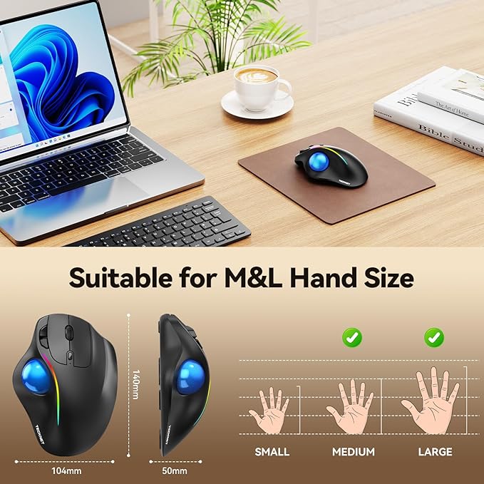 TECKNET Pro Wireless Trackball Mouse Bluetooth Mouse with Ergonomic Thumb Control USB-C Rechargeable RGB Light Mice with Adjustable DPI 3-Device Connectivity (BT or 2.4G)for PC/Mac/Laptop - Black
