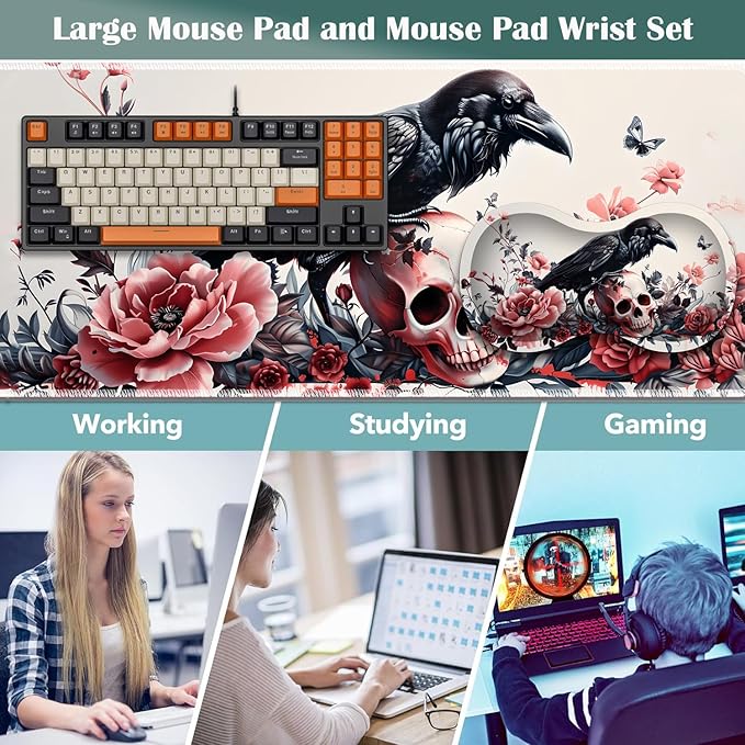Large Game Mouse Pad + Wrist Support Pad + Coffee Coaster Desk Pad with Sewn Edges Anti-Slip Set pad Suitable for Office Work and Home - Rose Skull