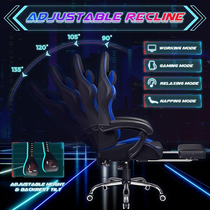 Shahoo Gaming Chair with Footrest and Massage Lumbar Support Computer Game Chairs Ergonomic Office Seat Height Adjustable with Headrest Blue