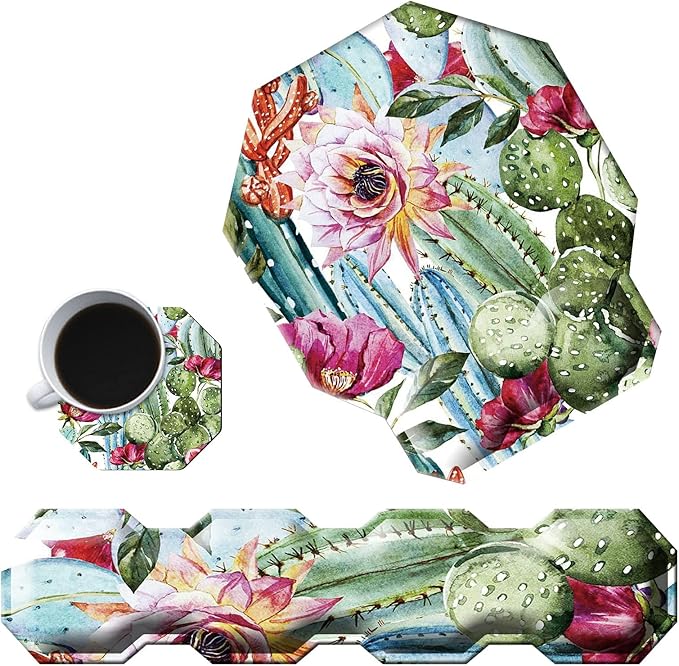 Cactus Succulent Keyboard Wrist Support Pad Mouse Pad with Wrist Rest Matching Coasters Ergonomic Gaming Mousepad Wrist Cushion Gel Memory Foam Easy Typing Pain Relief for Home Office