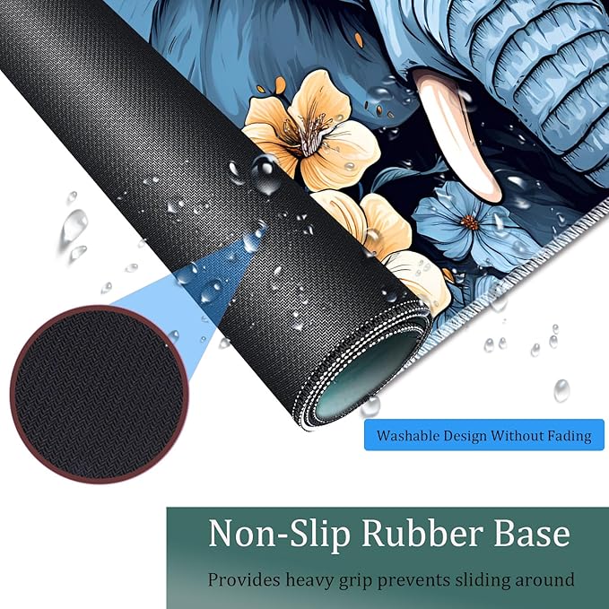 Large Game Mouse Pad + Wrist Support Pad + Coffee Coaster Desk Pad with Sewn Edges Anti-Slip Set pad Suitable for Office Work and Home - Elephant Blue Flowery