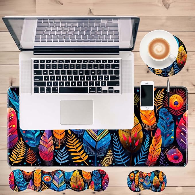 Keyboard Mouse Pad SetLarge Desk Pad+Keyboard Wrist Rest+Mouse Pad Wrist Support+CoasterEasy Typing Pain Relief Non-Slip Mousepad Wrist Support Mousepad Home OfficeColorful Bird Feathers