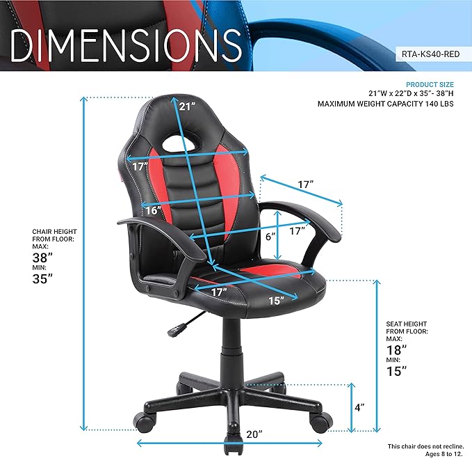 Techni Mobili Kid's Gaming and Student Racer Chair with Wheels Red 22D x 21.25W x 35.25H in