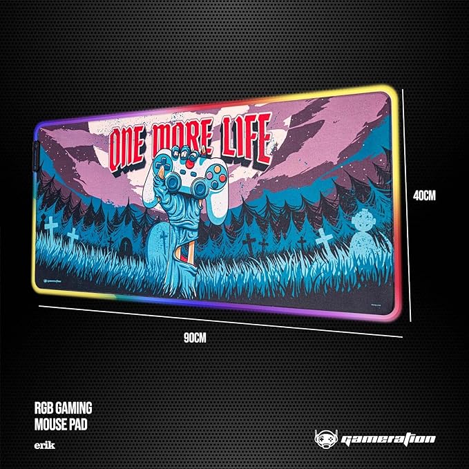Official One More Life XXL LED Gaming Mouse Pad | 900x400x4 mm Non-Slip Rubber Base RGB Keyboard &amp Mouse Mat | Gaming Gifts
