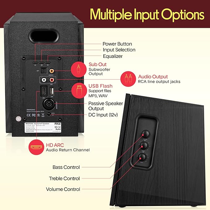 Pyle Powered Bookshelf Speaker System with Bluetooth 80W Active Stereo Speakers Bass Reflex Natural Wood Cabinet Hi Def ARC Optical Coax Subwoofer Out for Home Theater Computer Studio (Pair)