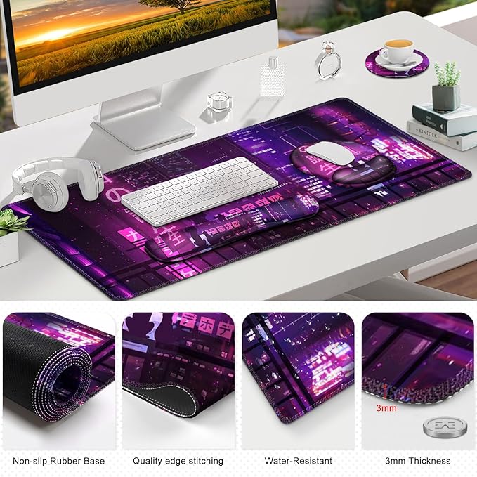 Gaming Mouse Pad Large Desk Mat Cute Desk Pad 4in1 XXL Mousepad + Keyboard Wrist Rest+Mouse Wrist Rest+Coaster Set with Ergonomic Desk Pad for Home Office Table Computer Purple Anime Neon