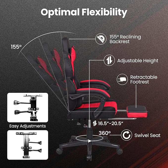 Giantex Gaming Chair Ergonomic Video Game Chair w/Footrest Lumbar Support Headrest Reclining Backrest &amp Linkage Armrests Height Adjustable 360° Swivel Computer Desk Chair for Home Office (Red