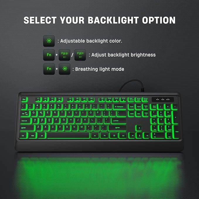Backlit Computer Keyboards Wired USB LED Keyboard with 7 Colors Backlight Plug and Play Waterproof Full Size Quiet Computer Keyboard for Windows Desktop PC Laptop Gaming