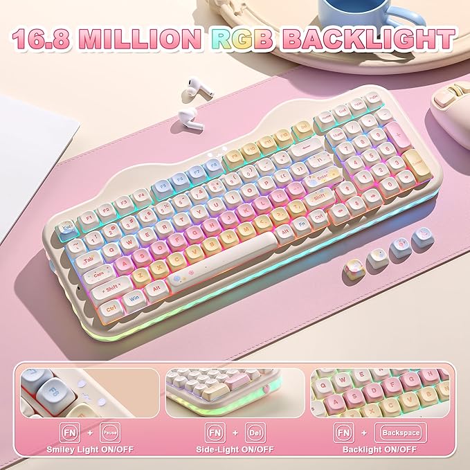 YUNZII C98 Wireless Mechanical Keyboard with Number Pad99 Key BT5.0/2.4G/USB-C Hot Swap Gasket Mount with PBT MOA KeycapsCustom RGBCute Cake Keyboard for Win/Mac (Beige Milk V2 Linear Switch)