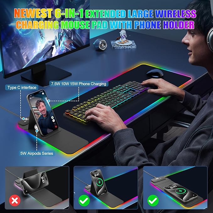 RGB Mouse Pad with Foldable Phone Stand &amp Wireless Charger 31.5x11.8 XL Gaming Mousepad Large Desk Mat Desk Pad with Dual Charging for Phone &amp AirPods | 11 Colors &amp 5 Modes | Waterproo