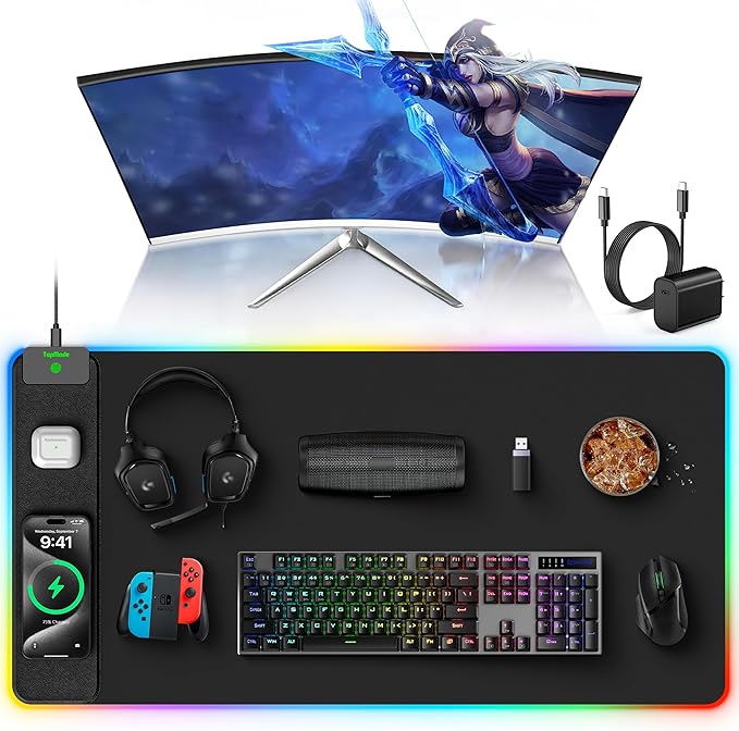 TopMade RGB Gaming Mouse Pad with 15W Wireless Charging 31.5” x 15.8” XXL Large Desk Mat Home Office Keyboard Pad for Desk Waterproof Mousepad with 4 Light Modes &amp 11 RGB Colors Classic Black