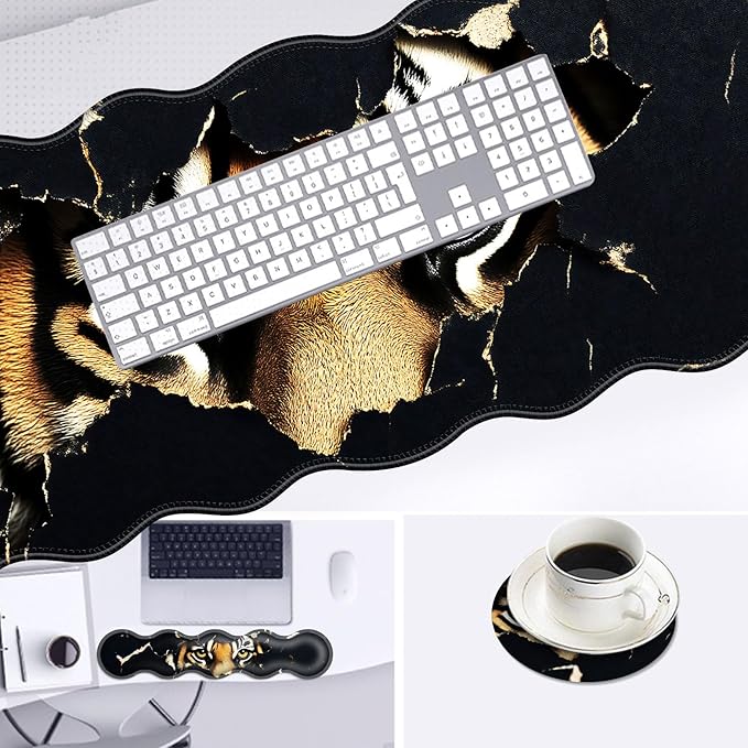 Large Mouse Pad and Keyboard Wrist Rest Desk Pad for Keyboard and Mouse 4-in-1 Large Gaming Mouse Pad with Wrist Support Desk Mat for Home Office Study Game-Tiger Eyes