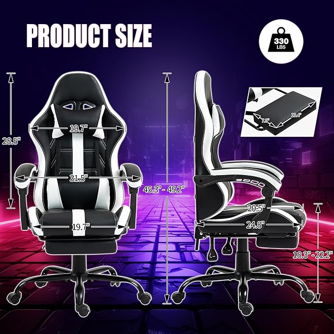 Massage Gaming Chair with Footrest Ergonomic PU Leather Computer Chair w/Headrest and Lumbar Height Adjustable 360° Swivel Desk Office Chair White