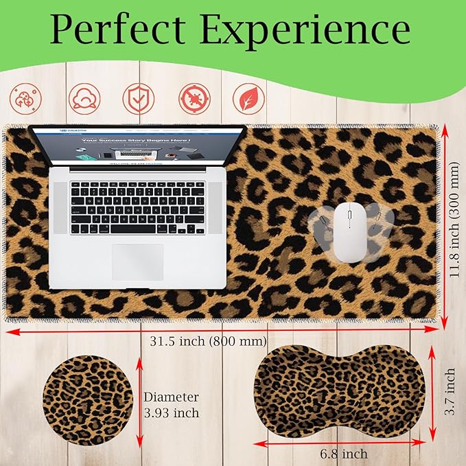 3-in-1 Large Mouse Pad Gaming Set (31.5 x 11.8 inch)+ Wrist Rest Pad + Coaster Memory Foam Gel Wrist Rest Pad for Pain Relief Stitched Edges Non-Slip Table Mat Brown Leopard Print