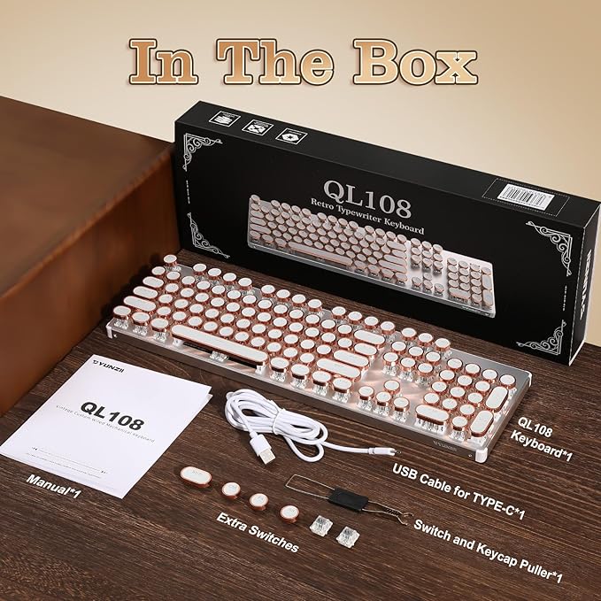 YUNZII QL108 Typewriter Style Mechanical Gaming KeyboardFull Size Hot Swappable RGB Backlit KeyboardsMetal Panel Retro Punk Round KeycapsUSB Wired Computer Keyboard (Silver Onyx Gray Switch)