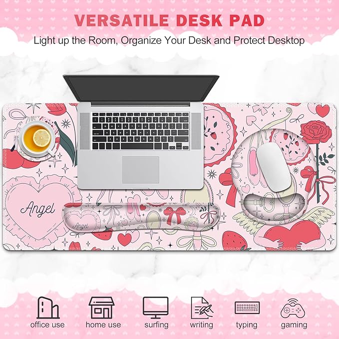 Gaming Mouse Pad Large Desk Mat Cute Desk Pad Protector 4in1 XXL Mousepad + Keyboard Wrist Rest+Mouse Wrist Rest+Coaster Set with Ergonomic Desk Pad for Home Office Computer Adorable Rose Bow