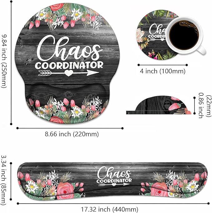 Keyboard Wrist Rest + Mouse Pad Wrist Support Set with Coasters Chaos Coordinator Quotes Colored Floral Wreath Print Wrist Mouse Pad with Non-Slip PU Base for Home Office Working Studying