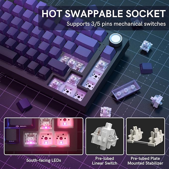 COSTOM WK75 75% Wireless Gaming Mechanical KeyboardBT5.0/2.4GHz/USB-C Hot Swappable Pre-lubed Custom Linear SwitchesGasket StructureRGB Backlit Keyboard for PC/Laptop/Xbox/PS4/PS5 (Purple)