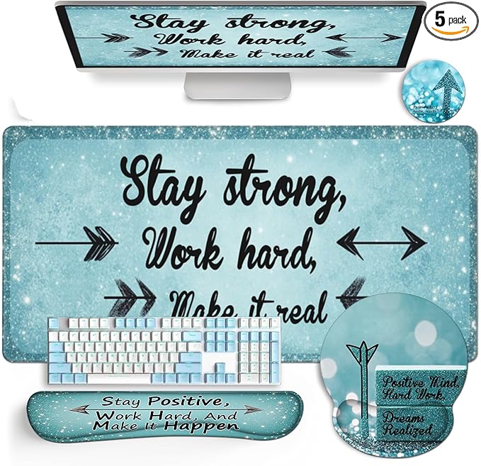 AQQA Desk Mat Desk Pad5in1 XXL Mousepad + Keyboard Wrist Rest+Mouse Wrist Rest+Coaster Set with Ergonomic Desk Pad for Home Office Desk Accessories Decor SuppliesStay Positive
