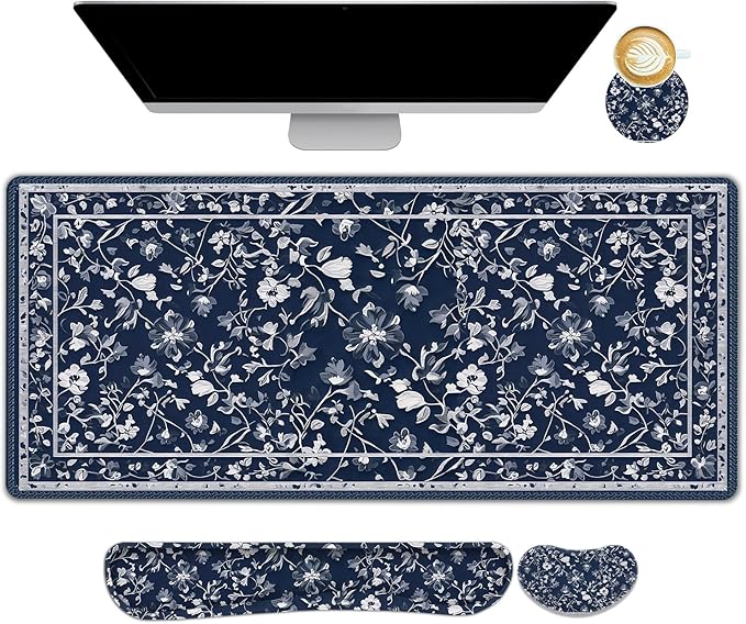 DINKY Mousepad with Wrist Rest Desk Pad for Keyboard and Mouse Ergonomic Mouse Pad Set Keyboard Wrist Rest with Coaster Desk Mat Set for Office Home Blue Art Leaf