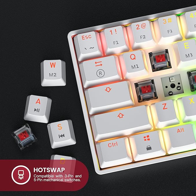 HK GAMING GK61 60% v3 | Hotswap Mechanical Gaming Keyboard | 61 Keys Multi Color RGB LED Backlit for PC/Mac Gamer | US Layout (White Cherry Mx Red)