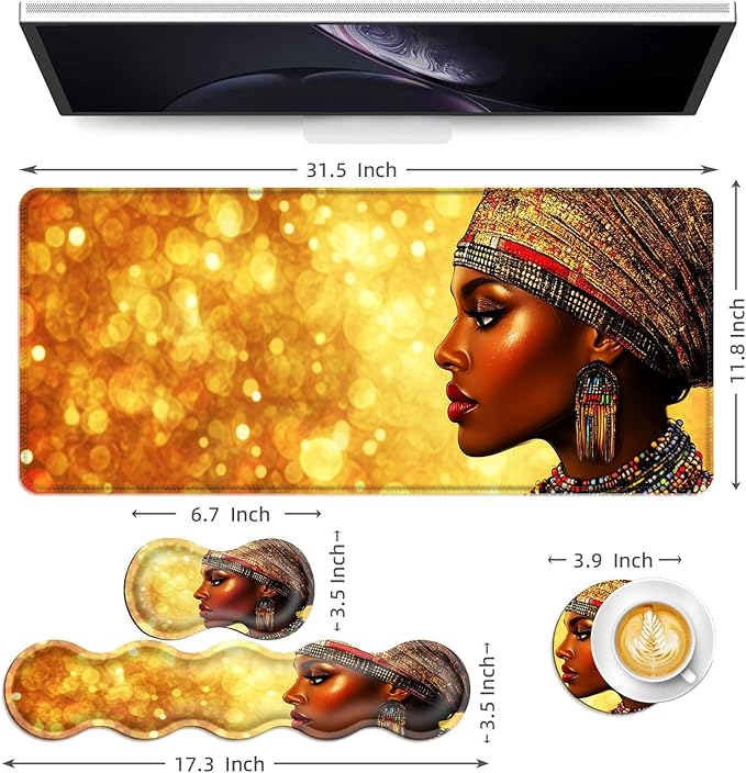Keyboard Mouse Pad Set Extended Gaming Mouse Pad+Ergonomics Keyboard Wrist Rest Support Memory Foam Easy Typing Pain Relief 4Pcs XL Ultra Thick Desk MatAfrican Woman Gold Glitter