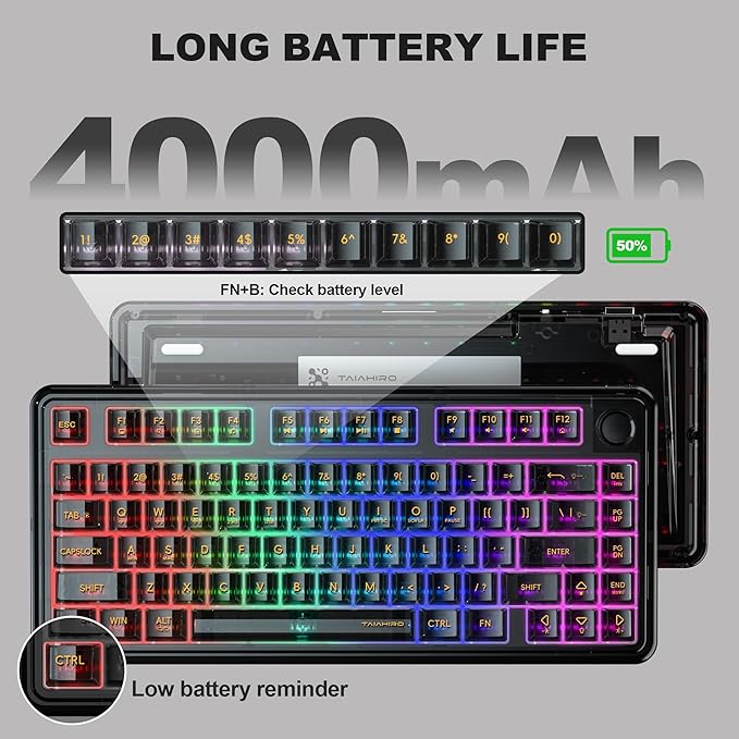 Transparent Mechanical Keyboard 80-Key RGB Backlit Wireless Gaming Keyboards Hot Swap Customizable Clear Acrylic Design Quiet Linear Switches 3 Modes BT5.0/2.4G/USB-C 4000mAh Battery (Black)