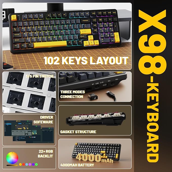 MAMBASNAKE Attack Shark X98 Wireless Mechanical Keyboard with NumpadGasket Mount Hot-Swap Pre-lubed Linear SwitchBT 5.0/2.4G/WiredRGB Backlit Computer Gaming Keyboards for PC/Tablet/PS5/Xbox-Black