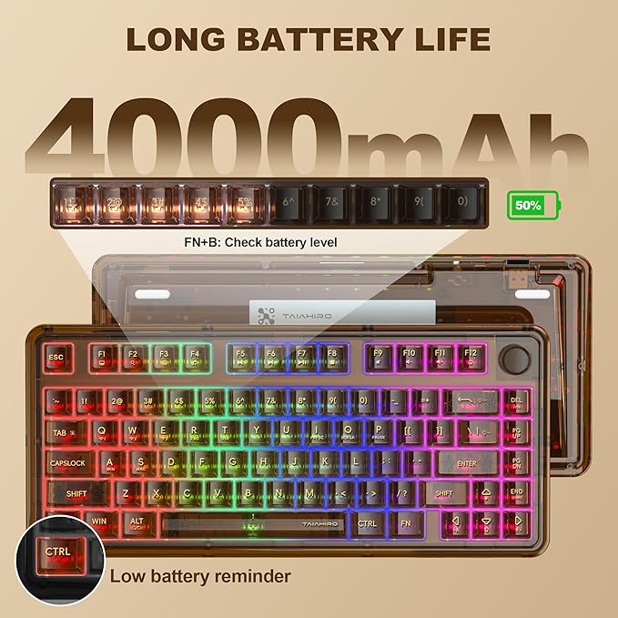 Transparent Mechanical Keyboard 80-Key RGB Backlit Wireless Gaming Keyboards Hot Swap Customizable Clear Acrylic Design Quiet Linear Switches 3 Modes BT5.0/2.4G/USB-C 4000mAh Battery (Brown)